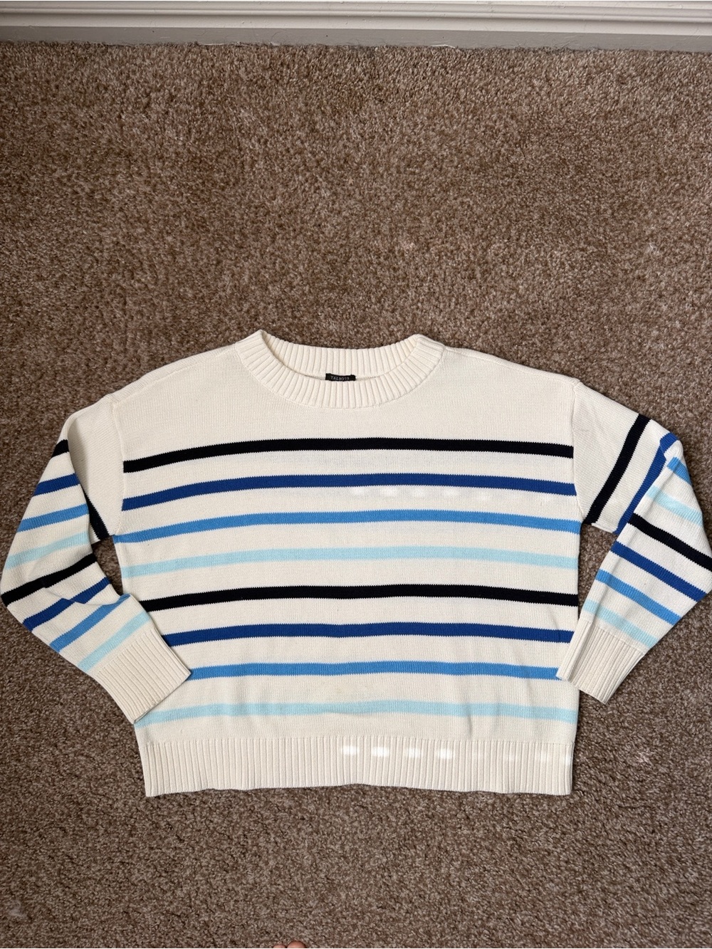 Talbots Cream Crewneck Sweater with Blue and Light Blue Stripes